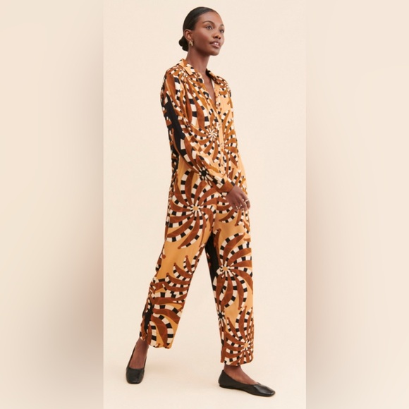 FARM Rio Pants - FARM Rio Mustard Geometric Print Long Sleeve Jumpsuit